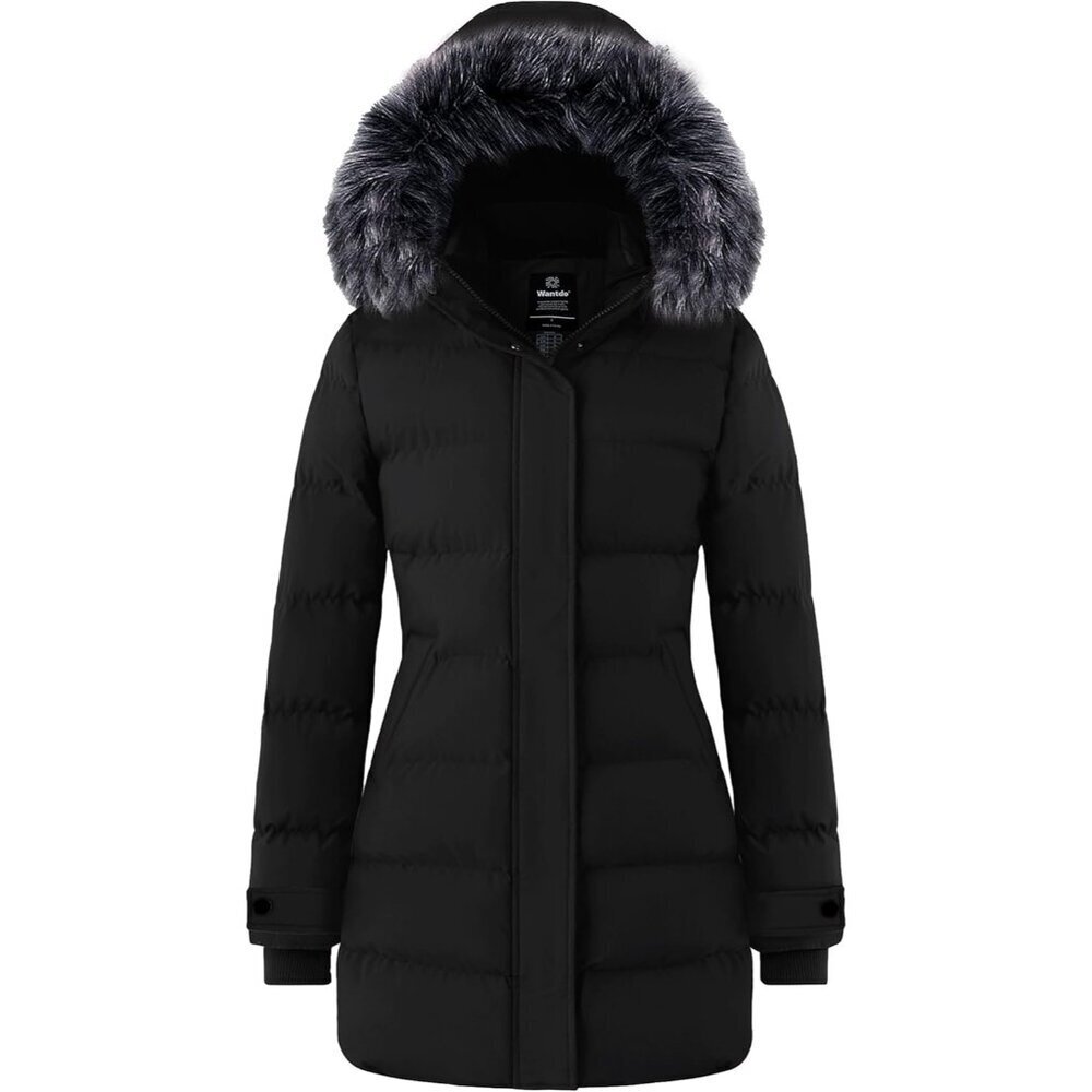Women's Black Long Quilted Winter Coat Puffer Jacket With Hood